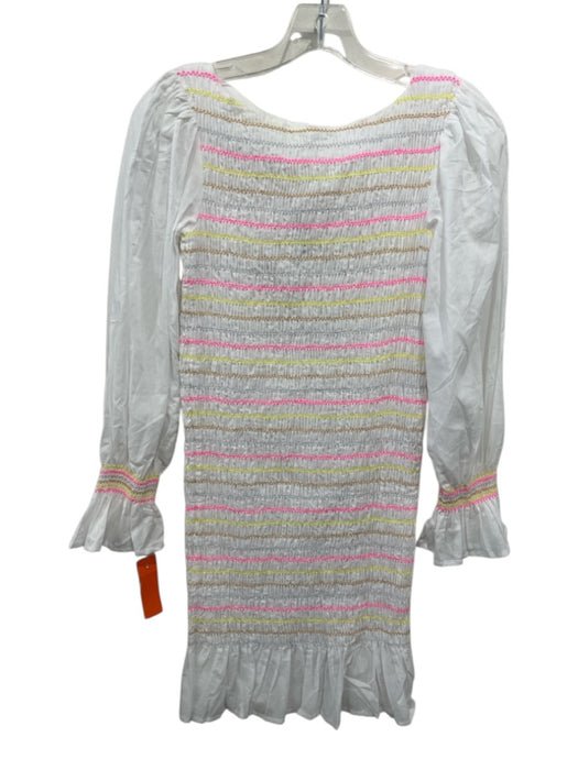 Pitusa Size Petite White & Multi Cotton Striped smocked Ruffle Dress White & Multi / Petite