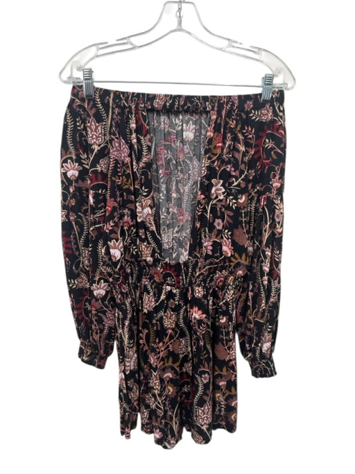 Free People Size XS Black & Maroon Rayon Floral Off Shoulder Romper Black & Maroon / XS