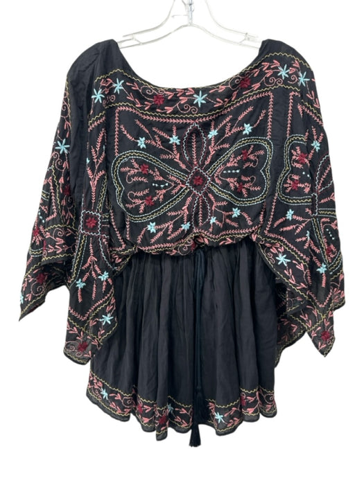 Free People Size S Black, Pink & Multi Cotton Cape Sleeve Drawstring Waist Dress Black, Pink & Multi / S