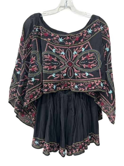 Free People Size S Black, Pink & Multi Cotton Cape Sleeve Drawstring Waist Dress Black, Pink & Multi / S