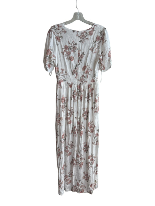 Showpo Size 10 White, Pink & Green Rayon V Neck Short Sleeve Floral slit Dress White, Pink & Green / 10