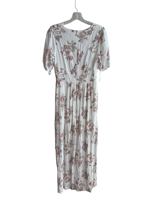 Showpo Size 10 White, Pink & Green Rayon V Neck Short Sleeve Floral slit Dress White, Pink & Green / 10