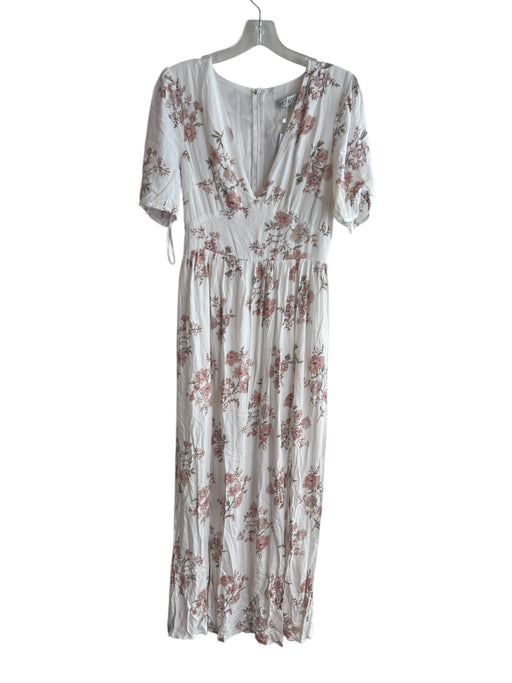 Showpo Size 10 White, Pink & Green Rayon V Neck Short Sleeve Floral slit Dress White, Pink & Green / 10