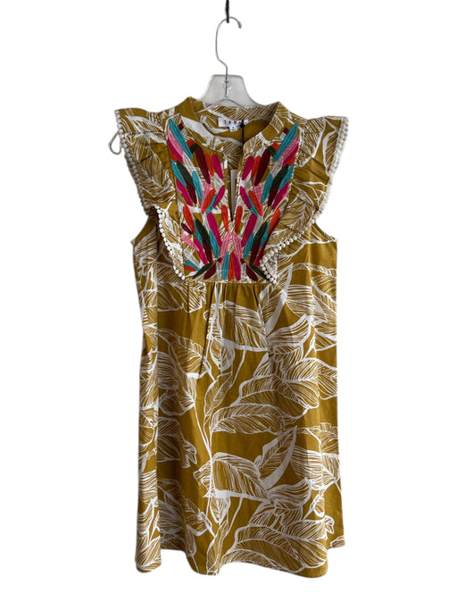 THML Size Small Mustard & Multi Cotton round split neck Ruffle Sleeveless Dress Mustard & Multi / Small
