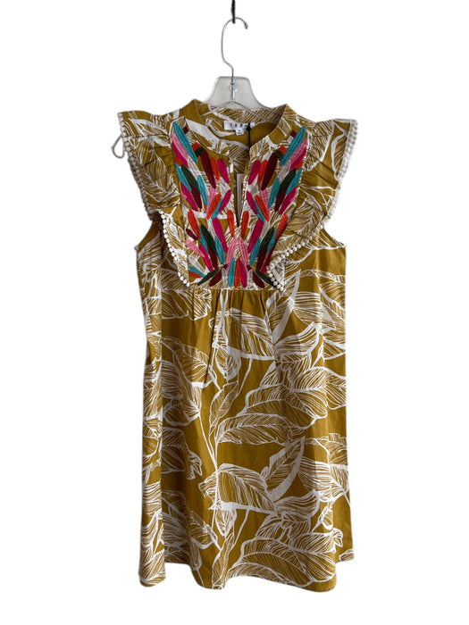 THML Size Small Mustard & Multi Cotton round split neck Ruffle Sleeveless Dress Mustard & Multi / Small