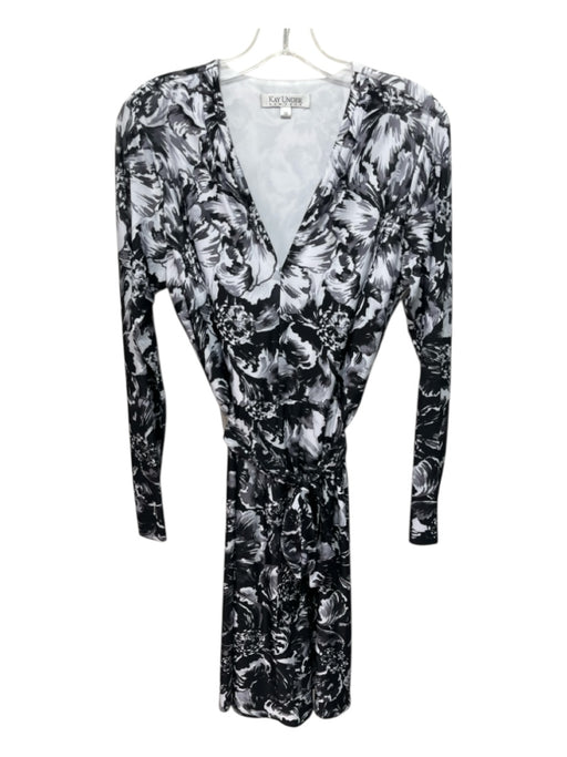 Kay Unger Size 10 Black, White, Gray Polyester Blend V Neck Floral A line Dress Black, White, Gray / 10