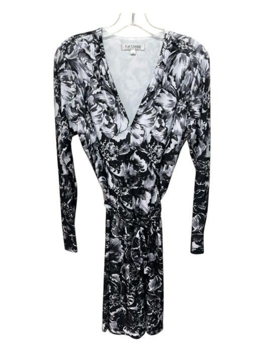 Kay Unger Size 10 Black, White, Gray Polyester Blend V Neck Floral A line Dress Black, White, Gray / 10