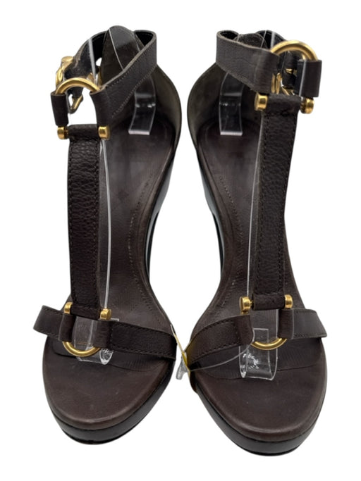 Burberry Shoe Size 38.5 Dark Brown Leather Gold Buckle T Strap Sandals Dark Brown / 38.5