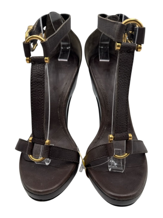 Burberry Shoe Size 38.5 Dark Brown Leather Gold Buckle T Strap Sandals Dark Brown / 38.5