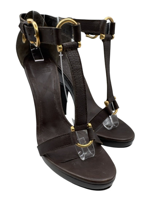 Burberry Shoe Size 38.5 Dark Brown Leather Gold Buckle T Strap Sandals Dark Brown / 38.5