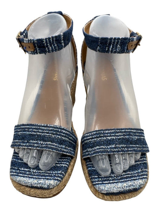 Kaanas Shoe Size 7 Blue & Tan Textile Wedge Ankle Strap Square Toe Sandals Blue & Tan / 7