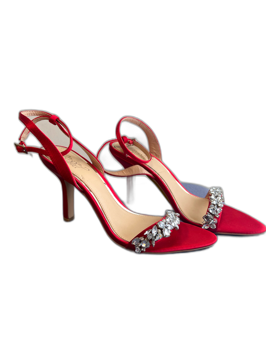 Badgley Mischka Shoe Size 8.5 Red Rhinestone Ankle Buckle Open Toe & Heel Shoes Red / 8.5