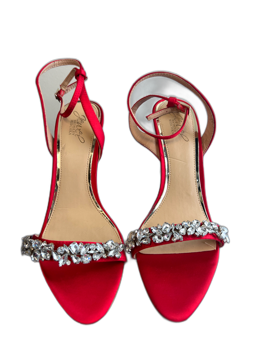 Badgley Mischka Shoe Size 8.5 Red Rhinestone Ankle Buckle Open Toe & Heel Shoes Red / 8.5
