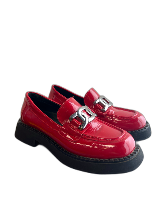 Silent Shoe Size 39 Red Patent Leather Lug Sole Square Toe silver hardware Shoes Red / 39