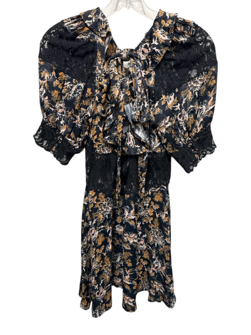 Free People Size 4 Black, Tan & Cream Viscose Floral Lace Panel Tie Back Dress Black, Tan & Cream / 4