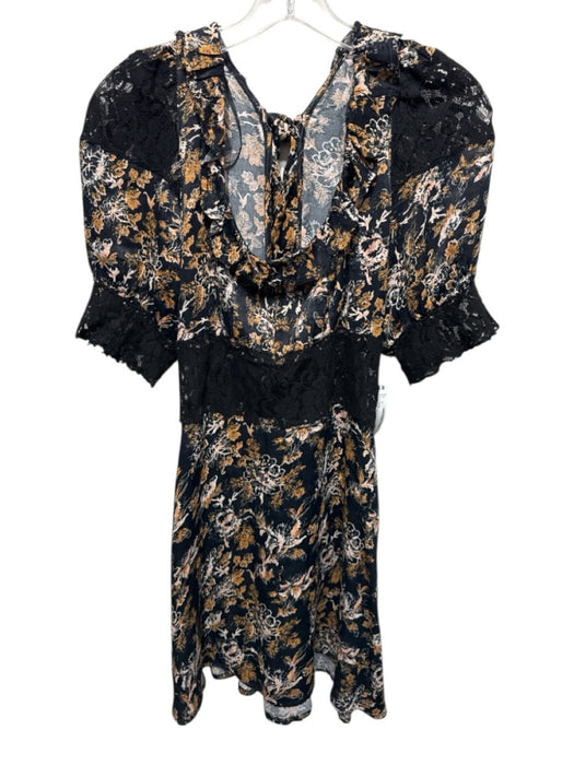 Free People Size 4 Black, Tan & Cream Viscose Floral Lace Panel Tie Back Dress Black, Tan & Cream / 4