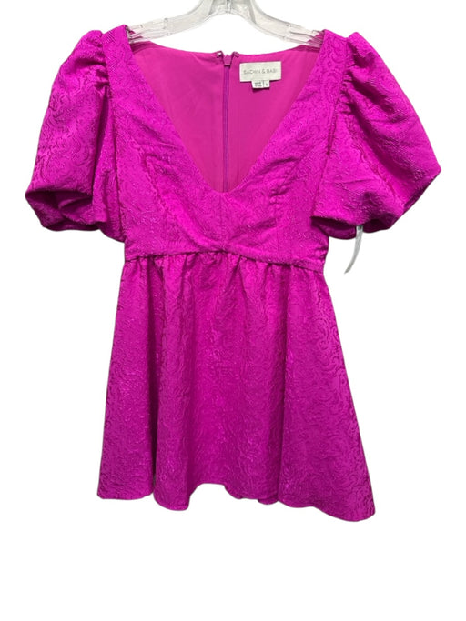 Sachin & Babi Size S Hot pink Polyester Blend Short Puff Sleeve V Neck Dress Hot pink / S