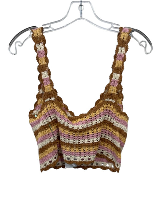 L Space Size XS Brown, Pink & Cream Cotton Knit Sleeveless Striped Crop Top Brown, Pink & Cream / XS