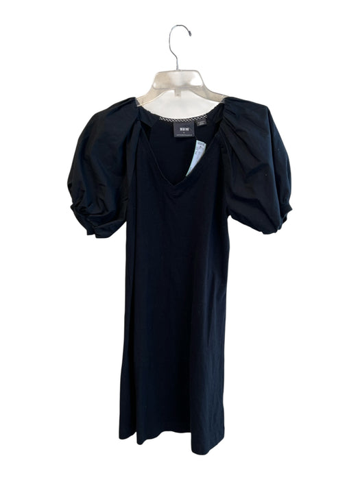 Maeve Size XS Black Cotton V Neck Short Puff Sleeve Rib Knit Body Con Dress Black / XS