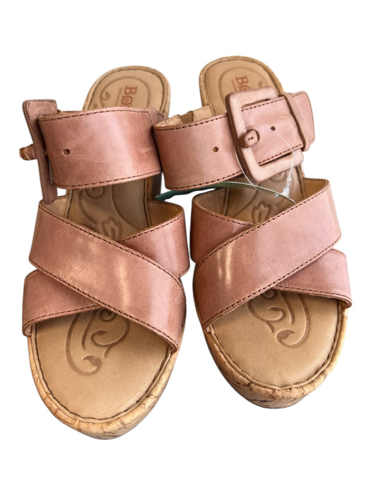 Born Shoe Size 8 Brown Leather Cork Base Strappy Open Toe & Heel Wedge Shoes Brown / 8