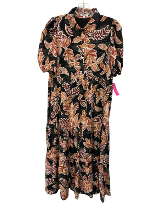 TCEC Size M Black, Orange, Pink Rayon Blend Short Sleeve Floral Midi Dress Black, Orange, Pink / M