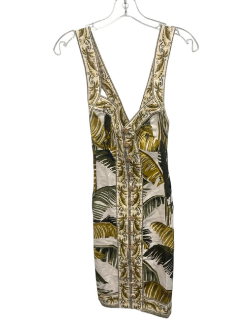 Farm Rio Size M Cream Beige & Green Linen Botanical Palm Frond Print Dress Cream Beige & Green / M
