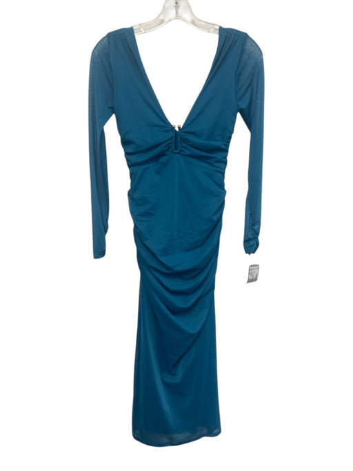 Anthropologie Size XXS Teal Blue Polyester Blend Mesh Overlay Ruched Dress Teal Blue / XXS