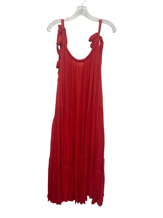 Free People Size M Red Rayon Tie Shoulders Gathered Tiered Asymmetric Dress Red / M