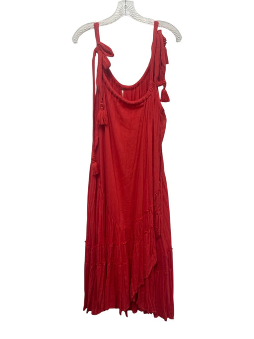 Free People Size M Red Rayon Tie Shoulders Gathered Tiered Asymmetric Dress Red / M
