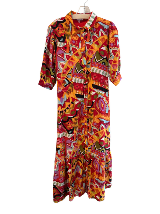 TCEC Size S Red & Multi Rayon Blend Abstract Print Button Down Half Sleeve Dress Red & Multi / S