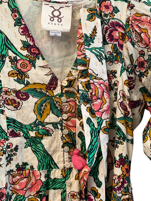 Figue Size XS Beige, Green & Multi Cotton Belted V Neck Floral Dress Beige, Green & Multi / XS