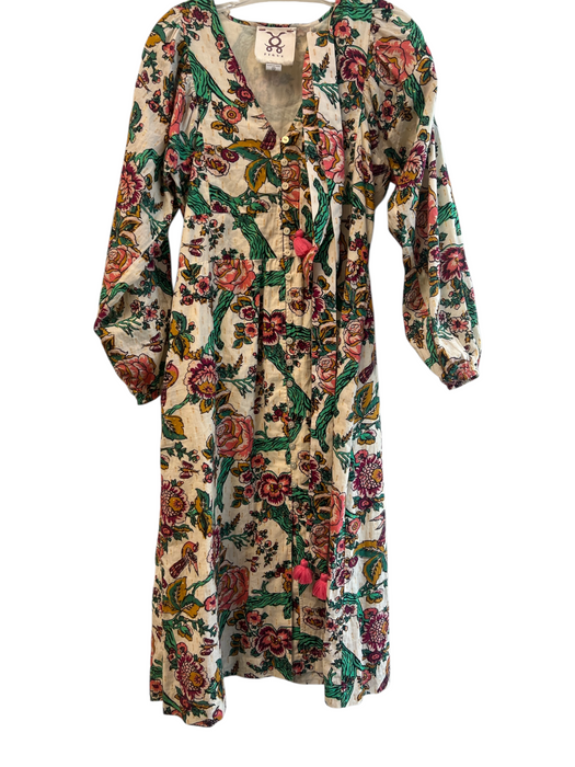 Figue Size XS Beige, Green & Multi Cotton Belted V Neck Floral Dress Beige, Green & Multi / XS