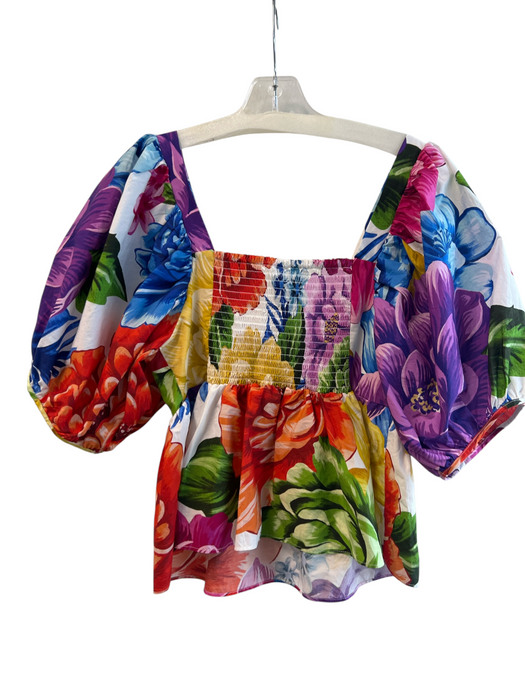 Farm Rio Size Small Orange, Blue & Multi Cotton Square Neck & Back Peplum Top Orange, Blue & Multi / Small