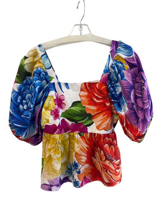 Farm Rio Size Small Orange, Blue & Multi Cotton Square Neck & Back Peplum Top Orange, Blue & Multi / Small