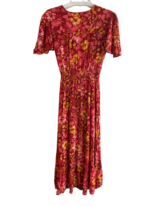 Abel the Label Size XS Red, Orange & Gold Rayon V Neck Stretch Waist Hi Lo Dress Red, Orange & Gold / XS