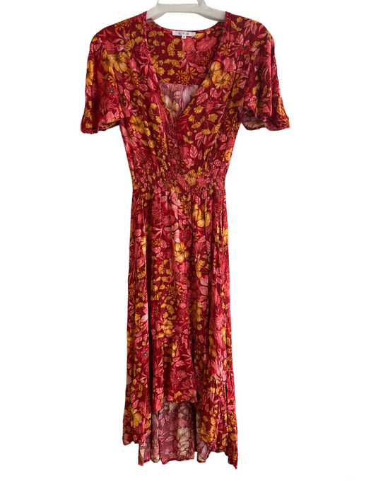 Abel the Label Size XS Red, Orange & Gold Rayon V Neck Stretch Waist Hi Lo Dress Red, Orange & Gold / XS