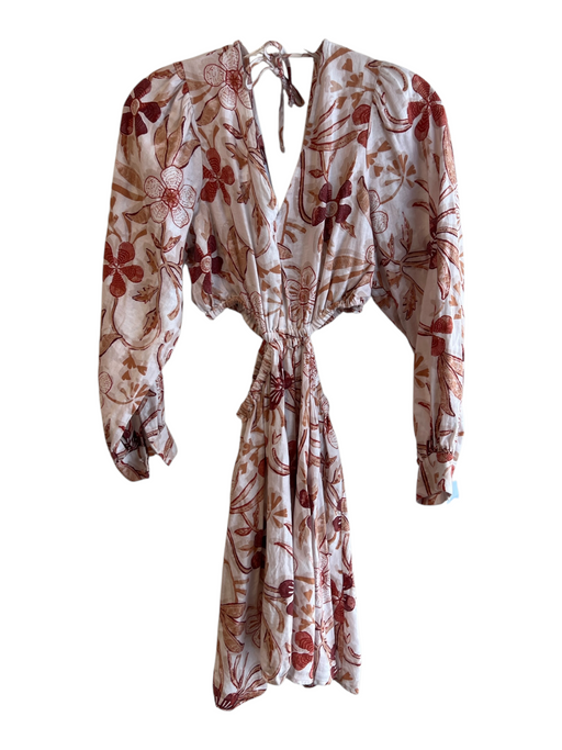 Sam Edelman Size Medium White & Rust Brown Linen Blend V Neck & Back Dress White & Rust Brown / Medium