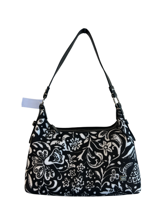 The Sak Black & White Woven Top Handle Floral Silver Tone Hardware Zip Close Bag Black & White