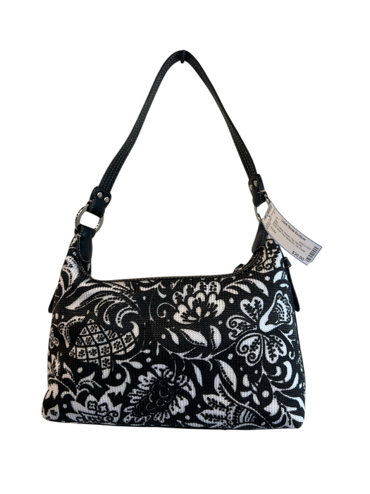 The Sak Black & White Woven Top Handle Floral Silver Tone Hardware Zip Close Bag Black & White