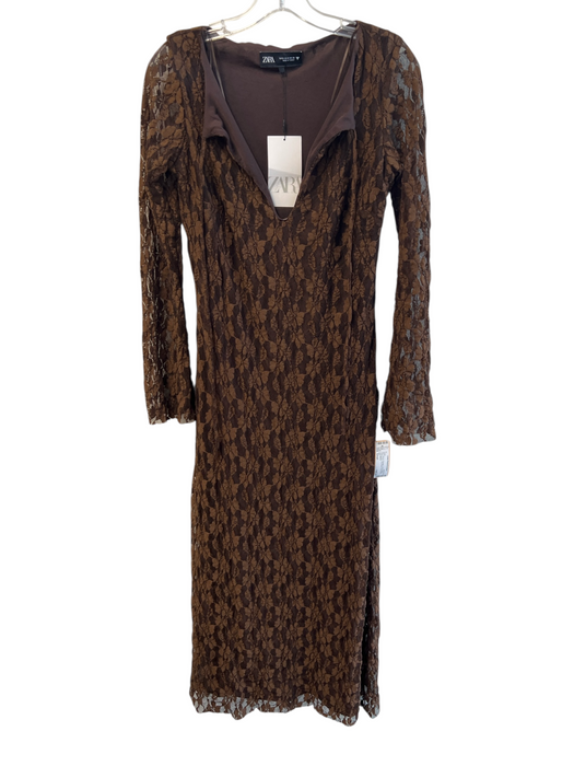 Zara Size Small Brown Polyester Lace Overlay Deep V neck Long Sleeve Dress Brown / Small