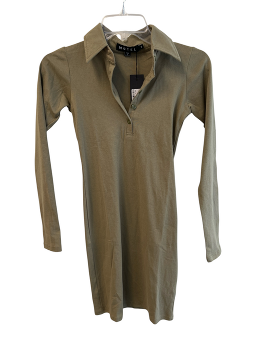 Motel Size Small Green Cotton Collared Half Button Long Sleeve Knee length Dress Green / Small