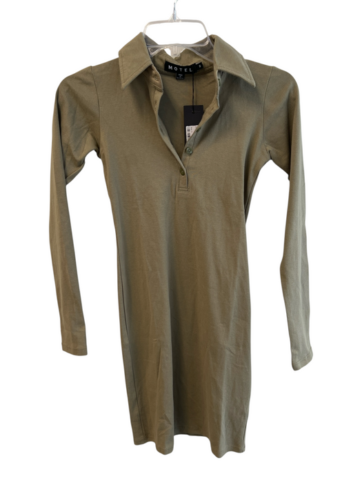 Motel Size Small Green Cotton Collared Half Button Long Sleeve Knee length Dress Green / Small