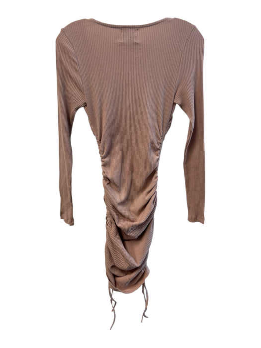 Princess Polly Size 6 Beige Cotton Ribbed Long Sleeve V Neck Ruched Sides Dress Beige / 6