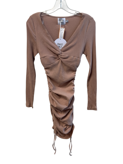 Princess Polly Size 6 Beige Cotton Ribbed Long Sleeve V Neck Ruched Sides Dress Beige / 6