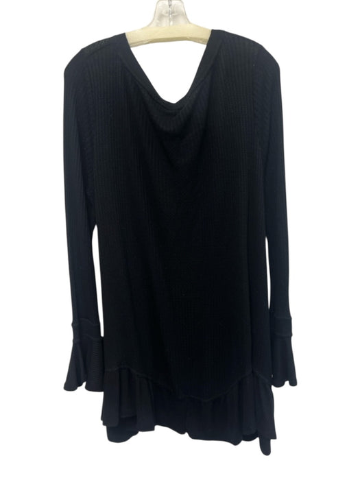 Free People Size L Black Viscose Blend Waffle Knit Long Trumpet Sleeve Top Black / L