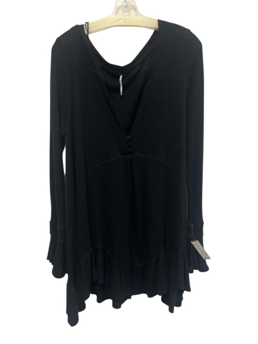 Free People Size L Black Viscose Blend Waffle Knit Long Trumpet Sleeve Top Black / L