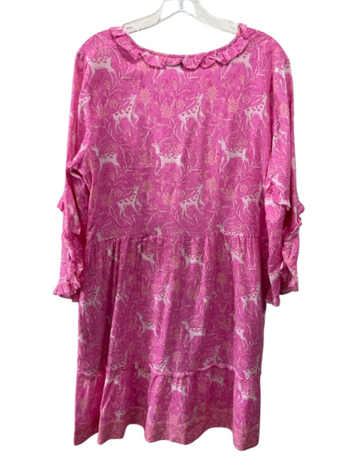 La Plage Size M Pink & White Cotton Flora & Fauna Long Sleeve V Neck Dress Pink & White / M