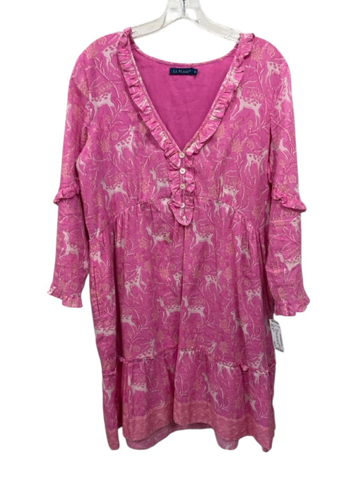 La Plage Size M Pink & White Cotton Flora & Fauna Long Sleeve V Neck Dress Pink & White / M