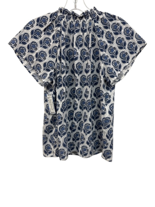 J.Crew Black Label Size XS Blue & White Cotton Ruffle V Neck Short Sleeve Top Blue & White / XS