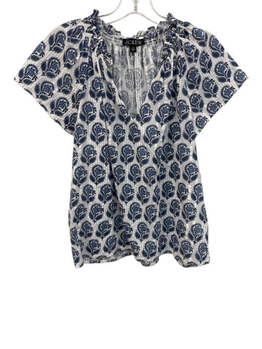 J.Crew Black Label Size XS Blue & White Cotton Ruffle V Neck Short Sleeve Top Blue & White / XS